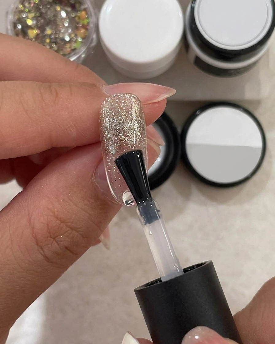 Un pinceau applique un gel de structure transparent à viscosité épaisse sur longle recouvert de paillettes.