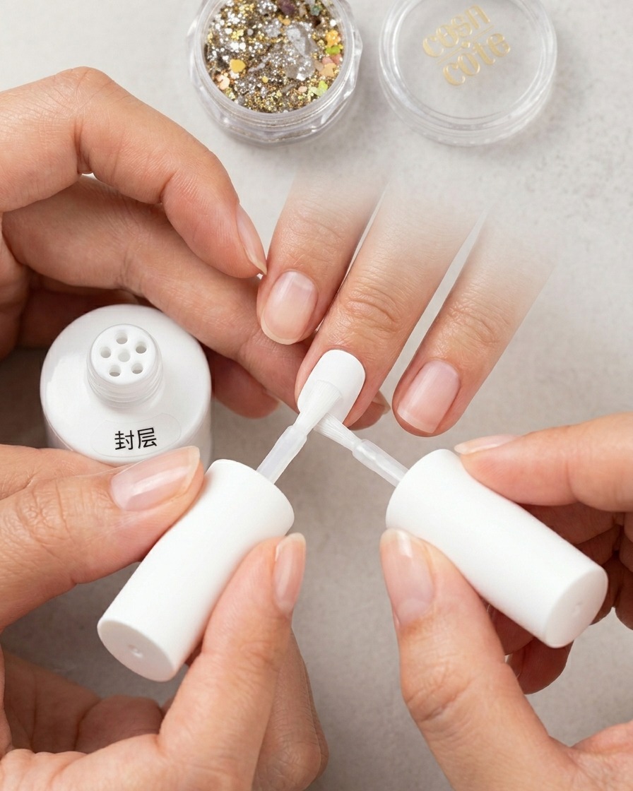 Gros plan dune main utilisant une petite éponge à maquillage pour tapoter et flouter doucement la limite entre le gel blanc et la base.