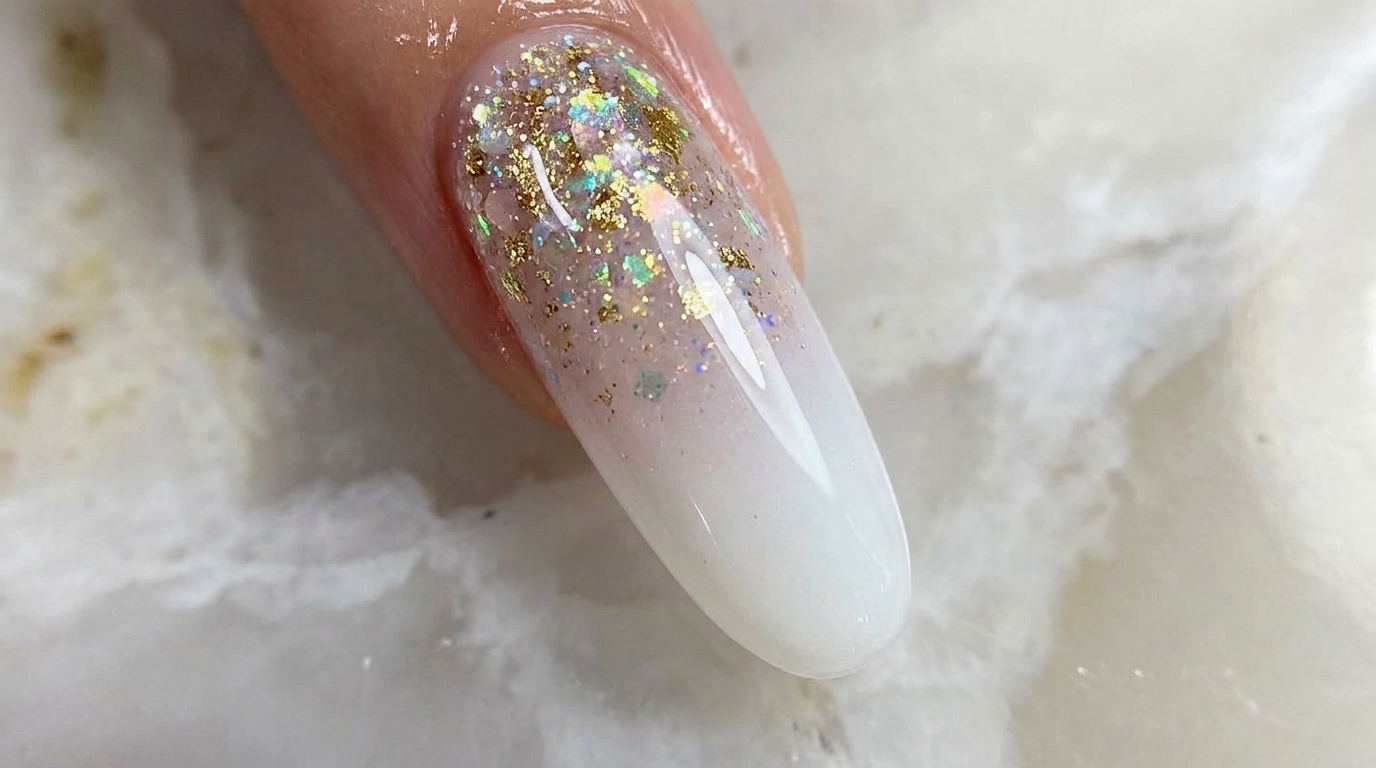 Ongles dégradés blanc laiteux et paillettes — Tutoriel professionnel étape par étape