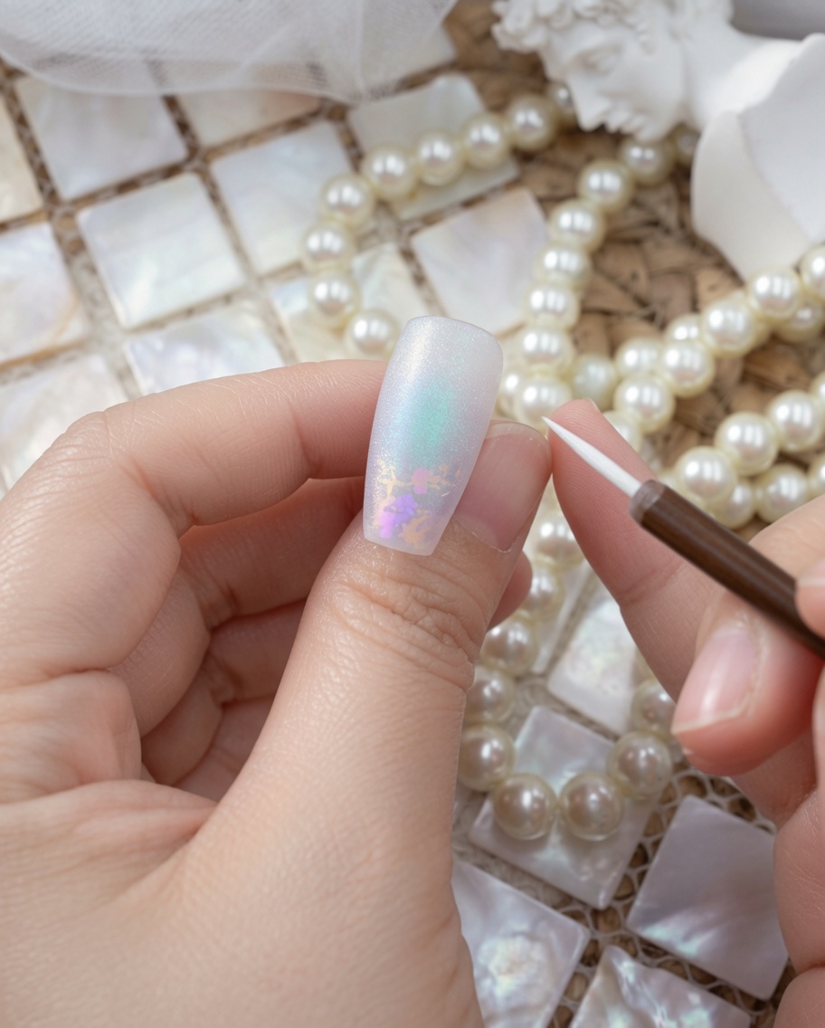 Un pinceau liner fin peignant un petit motif de fleur blanche sur un ongle au fini mat.
