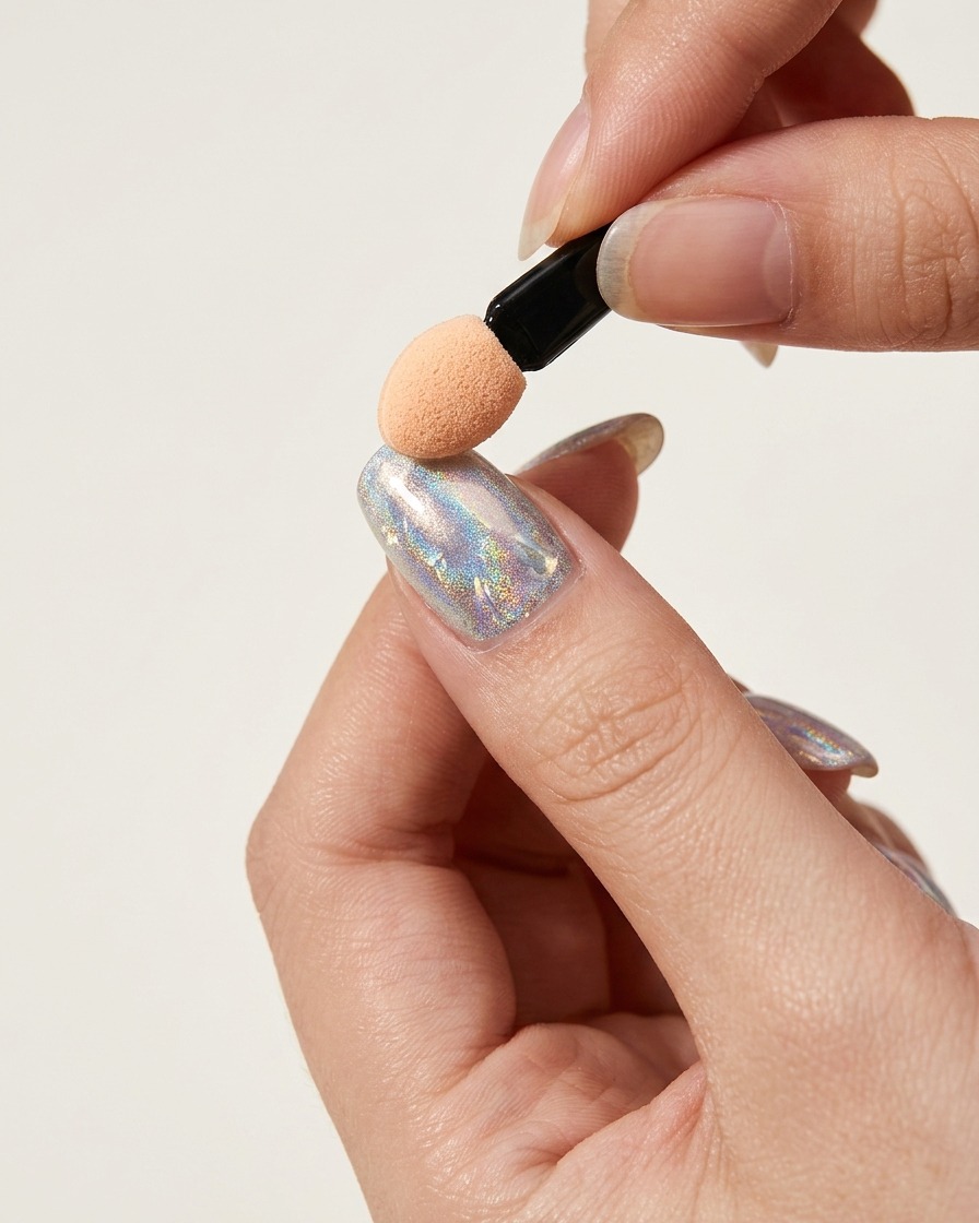 Un applicateur éponge trempé dans un récipient de poudre chrome aurora irisée.