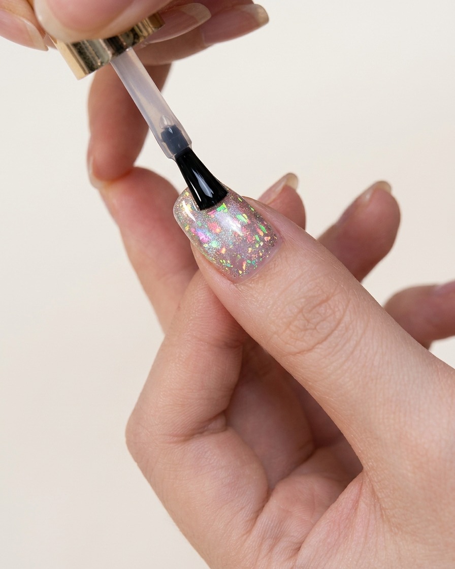 Une main avec des ongles cat-eye et papillon placée dans une lampe UV pour la catalyse finale.