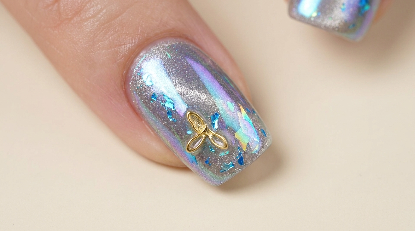 Ongles en gel magnétiques style coucher de soleil avec flocons bleus irisés, breloque papillon dorée et fini chrome aurora.