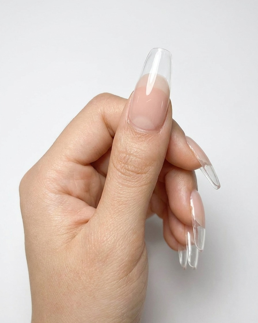 Une main placée sous une lampe UV professionnelle pendant la catalyse du vernis gel nude.