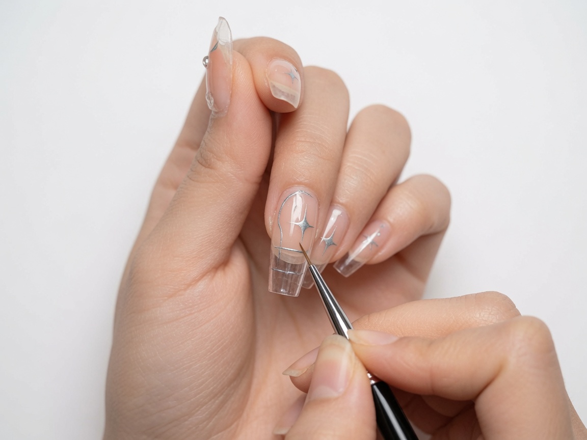 Une prothésiste ongulaire utilisant un pinceau liner fin pour remplir le design en étoile argentée sur un ongle nude.