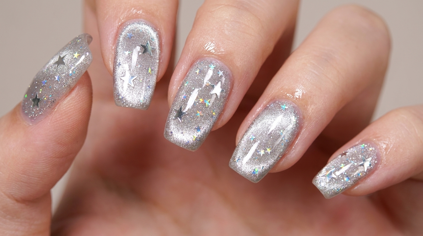 Ongles Galaxy « Cat Eye » Argentés — Tutoriel Étape par Étape