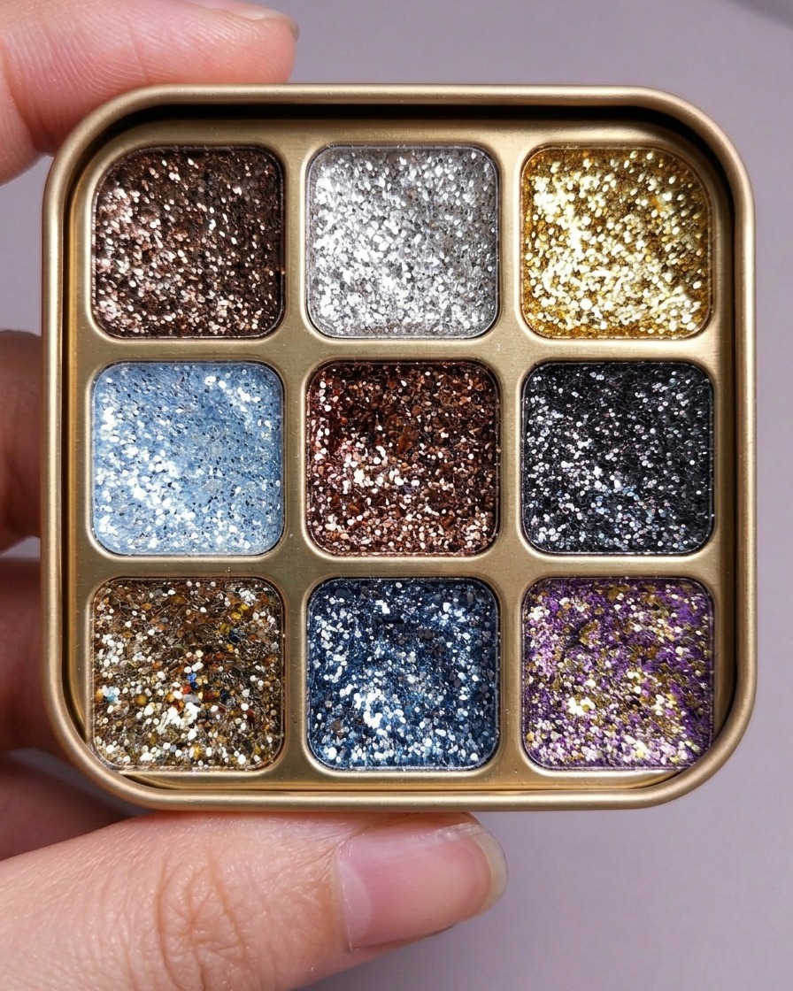Un pinceau liner fin prélevant une petite quantité de gel à paillettes argentées sur une palette cosmétique.