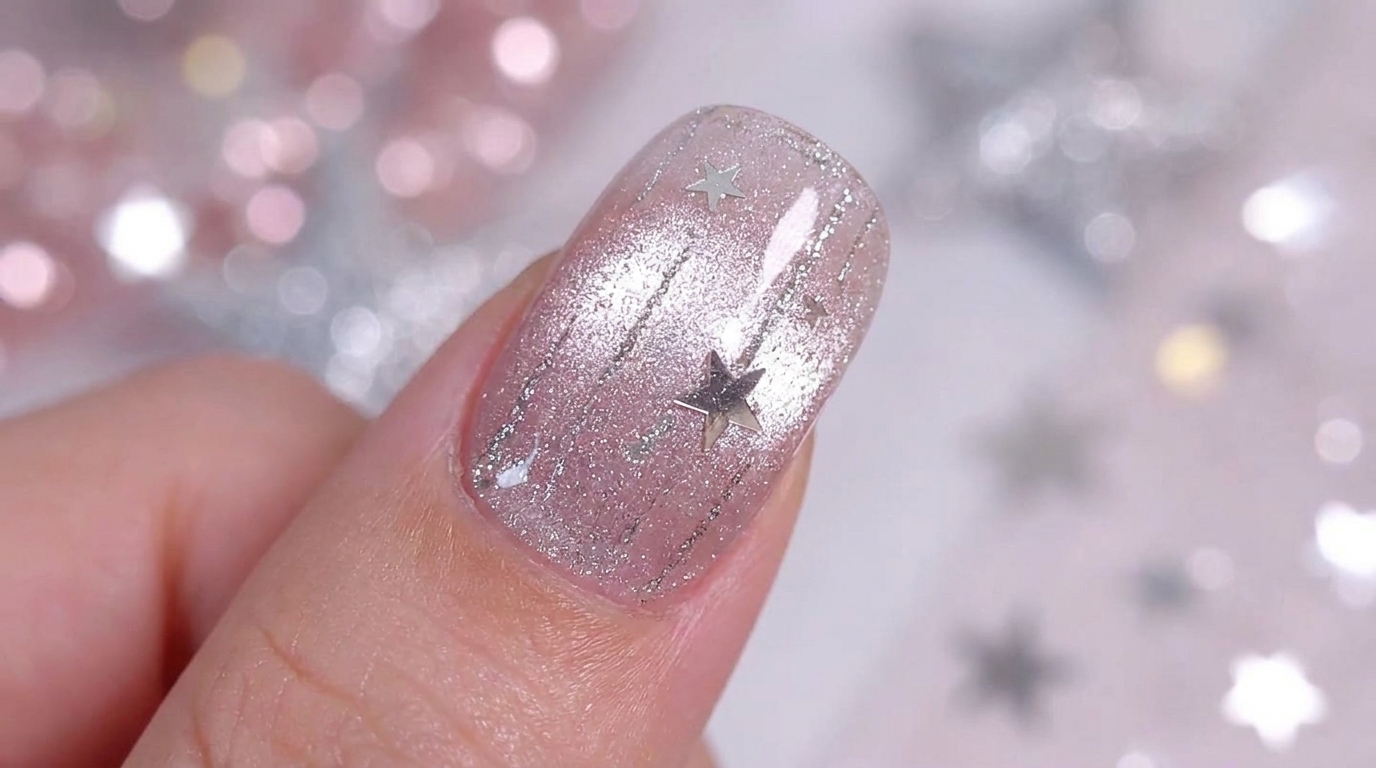 Base cat-eye argent-rose brillant accentuée par de délicates lignes verticales de paillettes argentées et des sequins en forme détoiles incrustés.