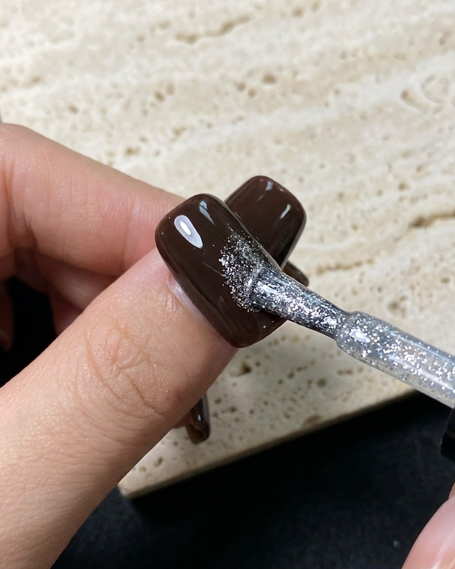 Un pinceau liner fin peignant une petite étoile argentée sur la surface dun ongle en gel marron foncé.