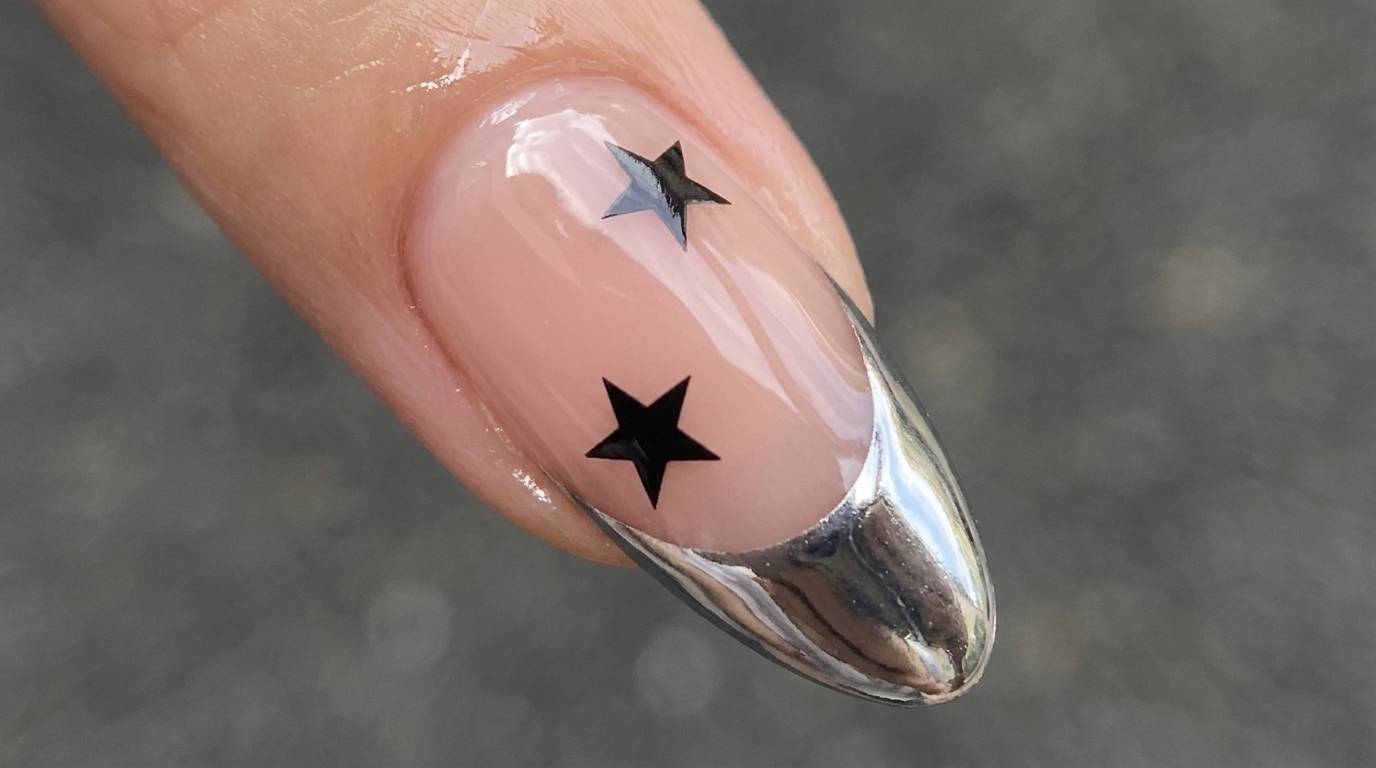 French Manucure Chromée Argentée et Étoiles Noires — Tutoriel Étape par Étape