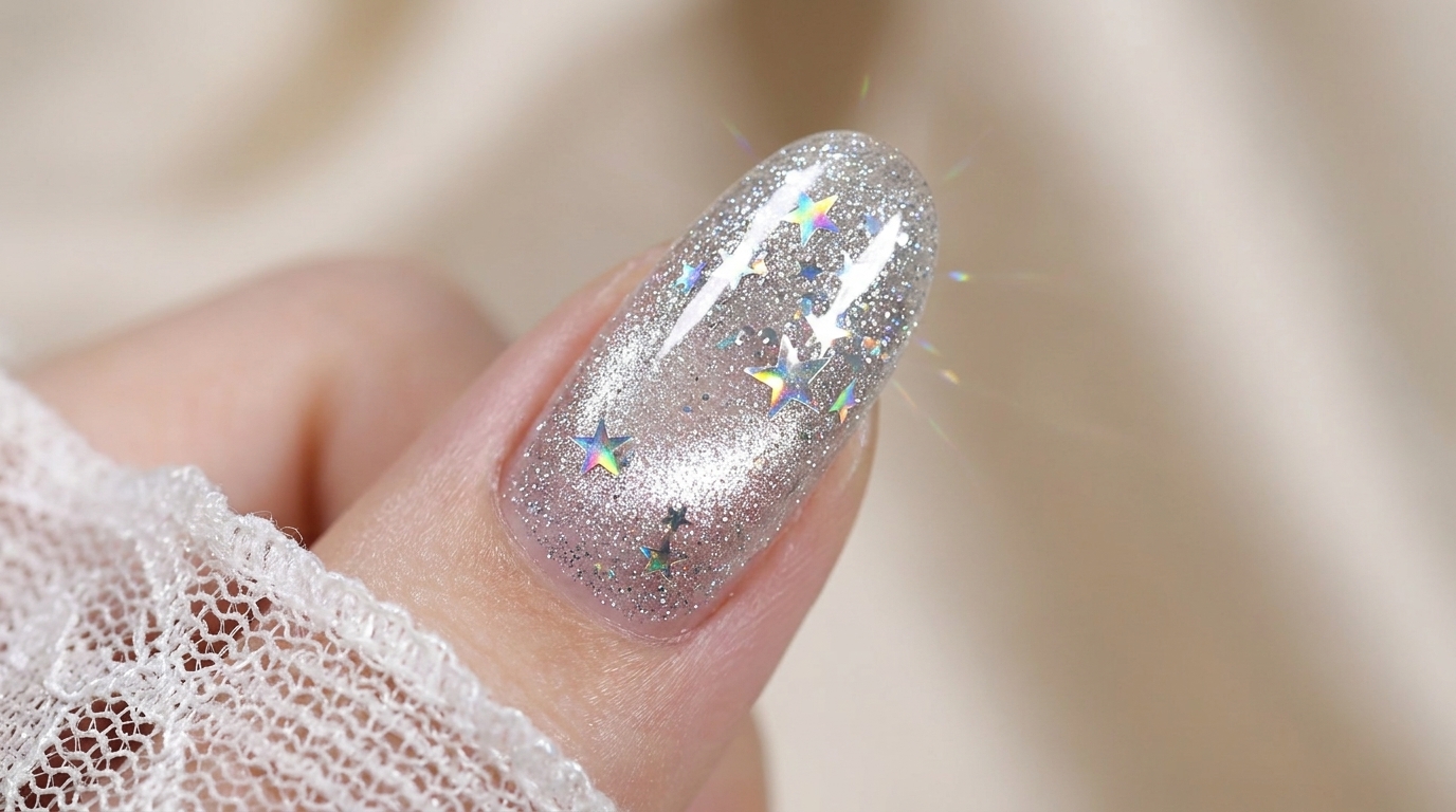 Ongles argentés effet œil-de-chat et étoiles pailletées — Tutoriel éclatant