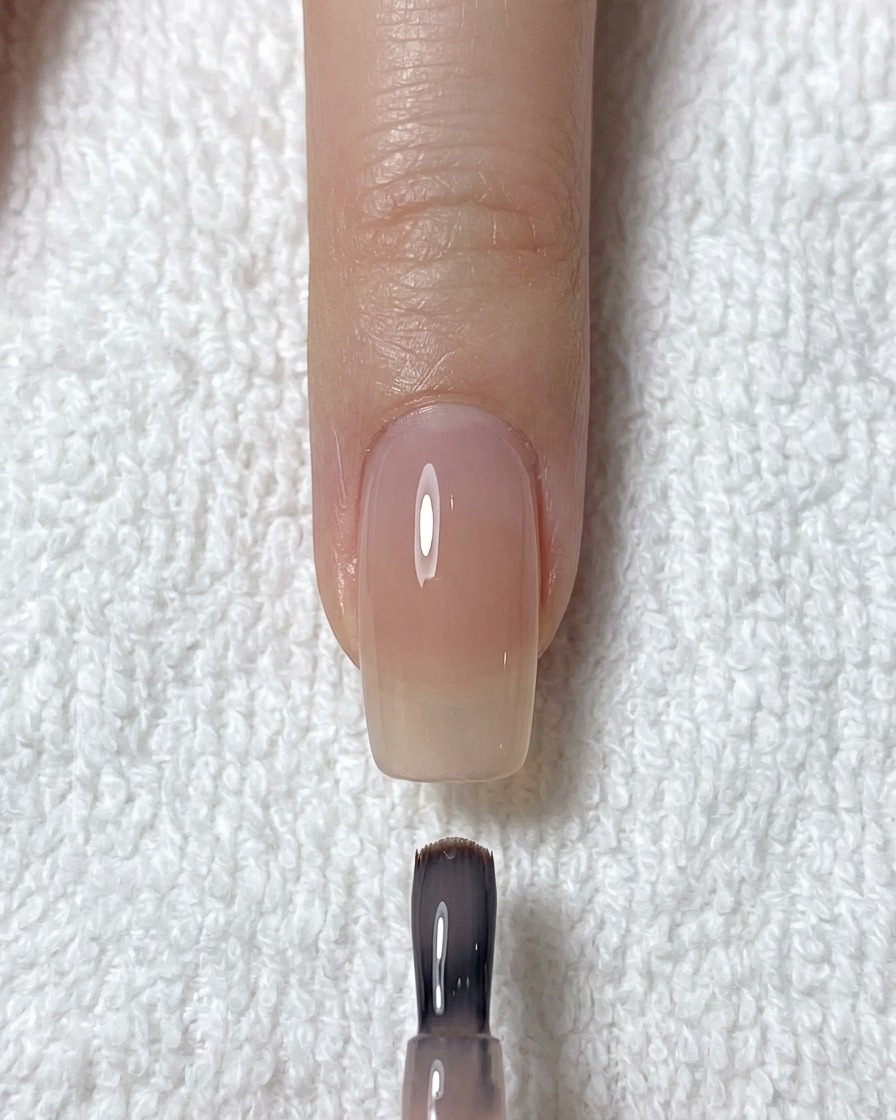 Un pinceau professionnel appliquant une base gel nude translucide sur un ongle naturel préparé.