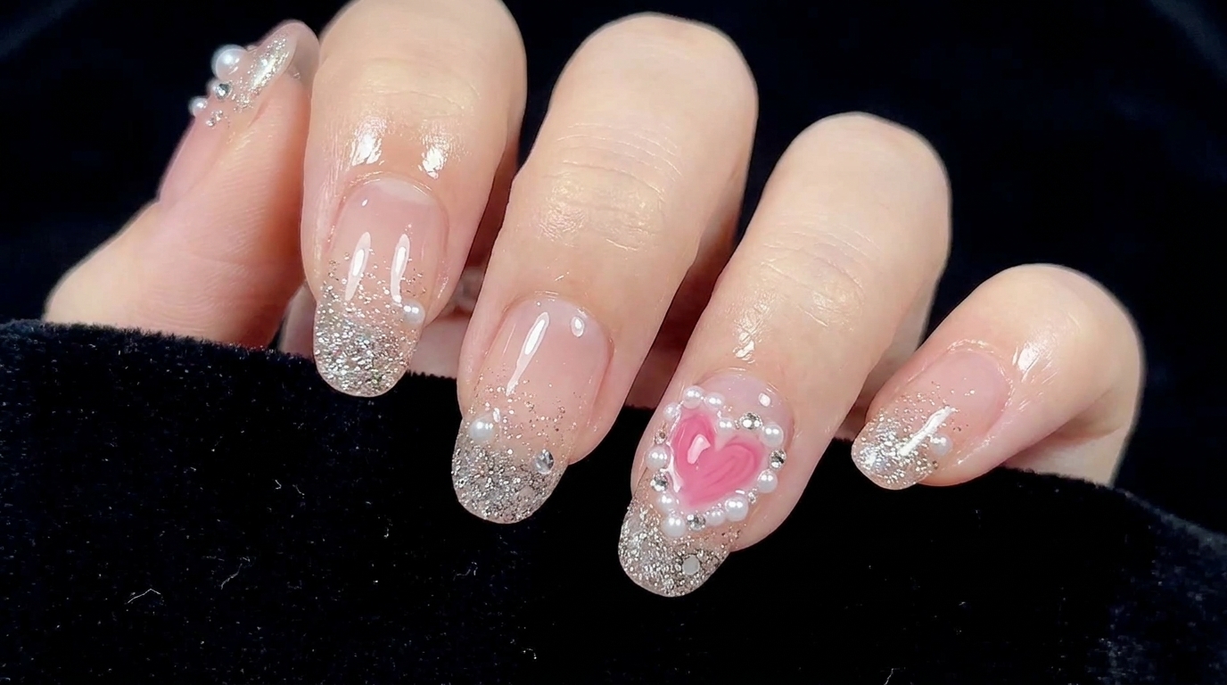 Manucure romantique : tutoriel dégradé rose et cœur pailleté