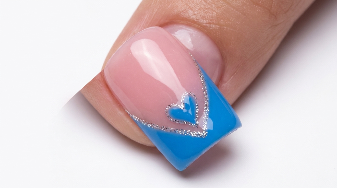 Ongle carré arborant une French manucure bleue vibrante associée à un cœur bleu assorti à la base, agrémenté de détails en paillettes argentées.