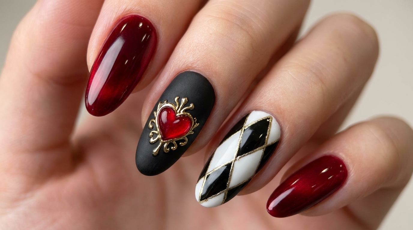 Une manucure sophistiquée combinant des ongles rouge foncé brillants, un ongle noir mat orné dun cœur rouge au contour doré et un motif argyle net en noir et blanc.