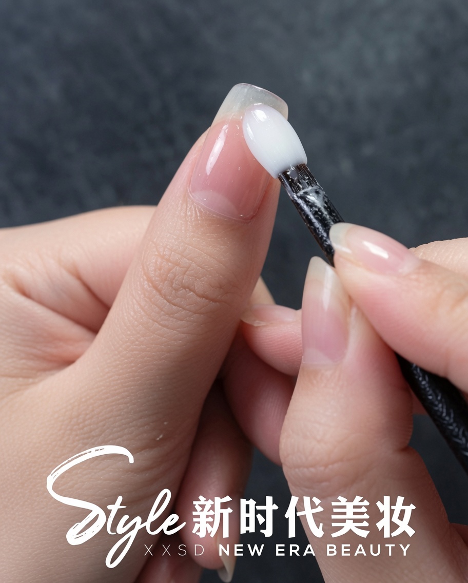 Un applicateur mousse tamponnant de la poudre chromée perlée sur un ongle texturé.