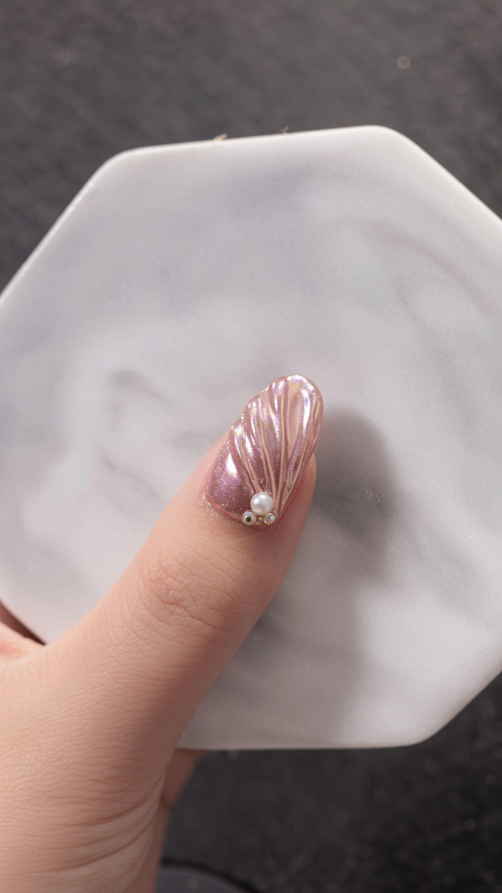 Nail art 3D effet coquillage or rose avec reliefs chromés perlés et embellissement délicat sur la cuticule.