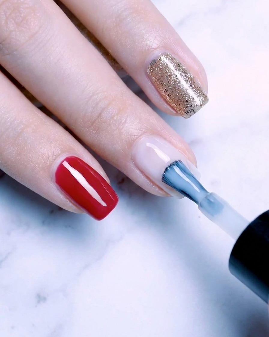 Pinceau appliquant une couche de vernis base blanc laiteux diaphane sur un ongle naturel.