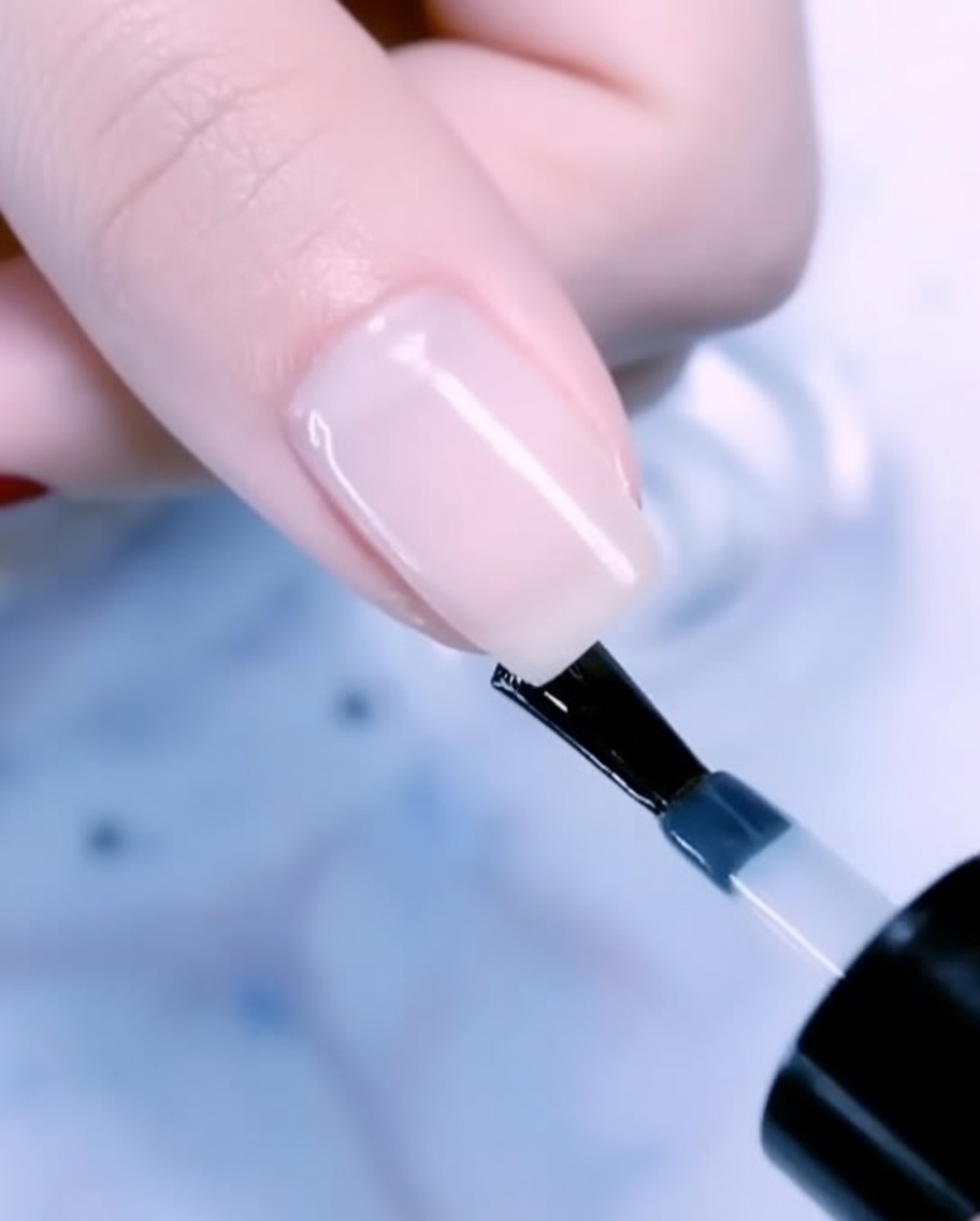 Un pinceau plaçant une goutte de vernis gel or rose à la base dun ongle de pouce.
