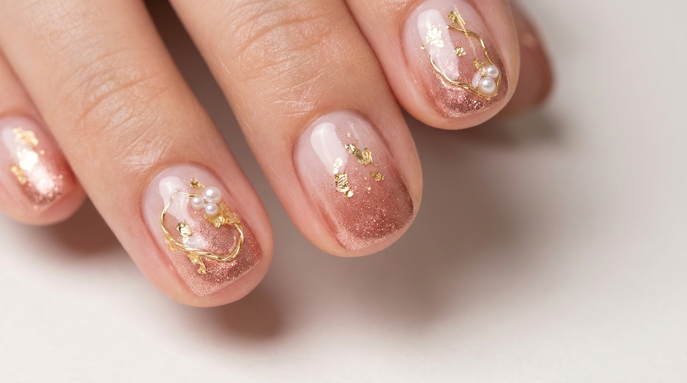 Ongles dégradés Or Rose vintage avec feuille d'or et perles