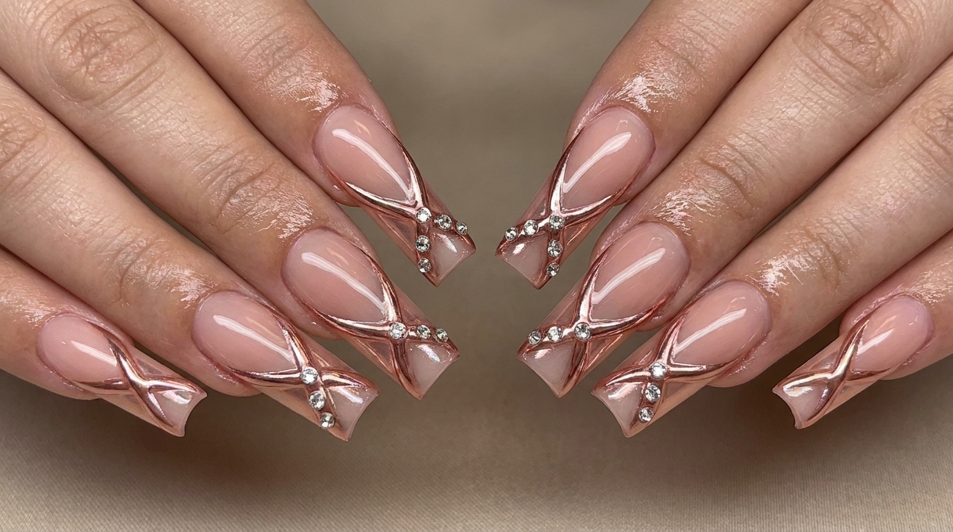 Ongles Chrome Rose Gold et Lignes 3D avec Strass — Tutoriel Étape par Étape
