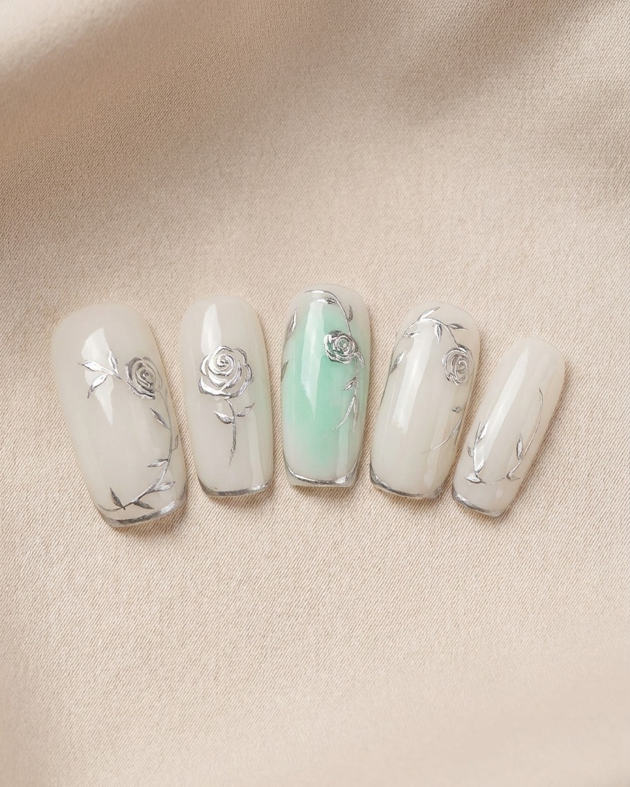 Un pinceau appliquant un top coat transparent et brillant sur le design floral métallique fini.