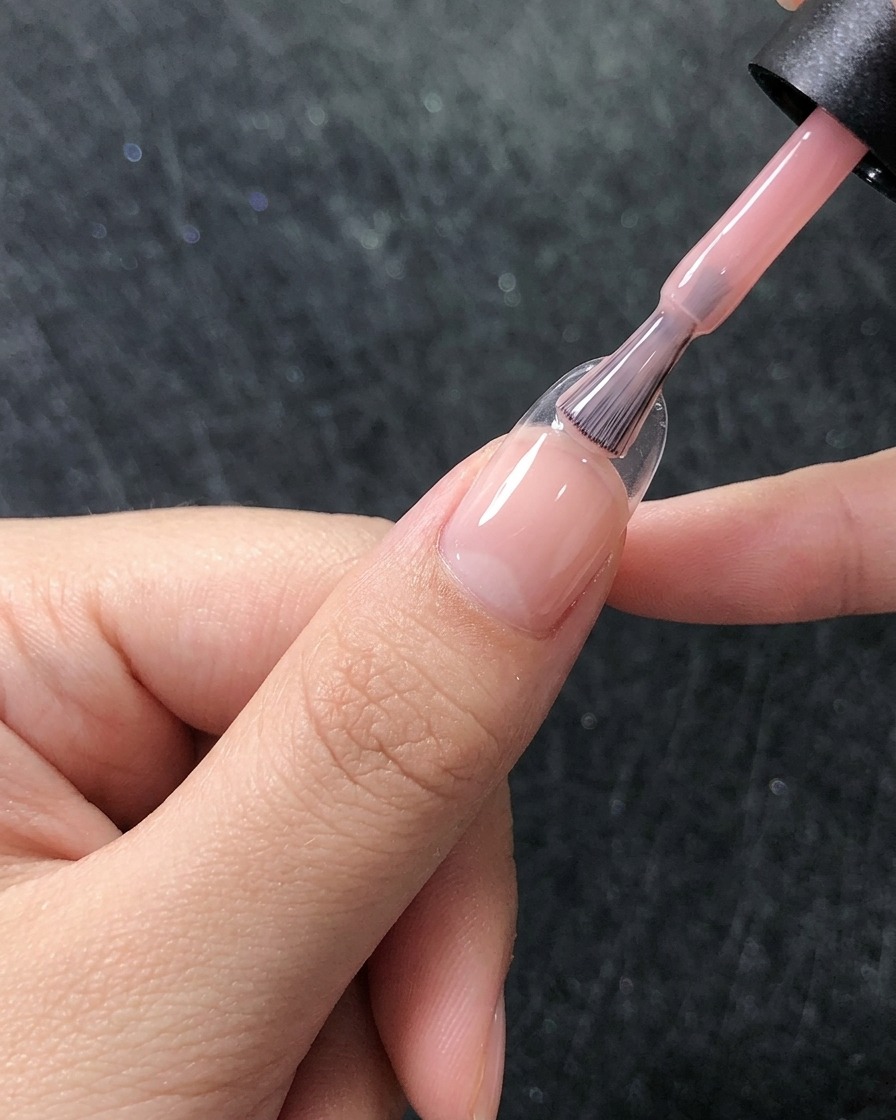 Un pinceau appliquant une deuxième couche de gel rose translucide pour une couverture lisse sur longle.