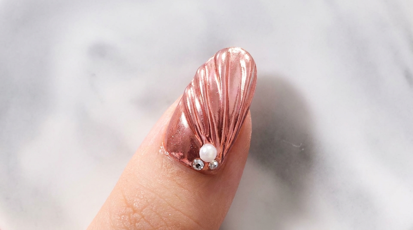 Nail art coquillage 3D fini en or rose avec un effet chrome métallique et de délicates perles au niveau des cuticules.