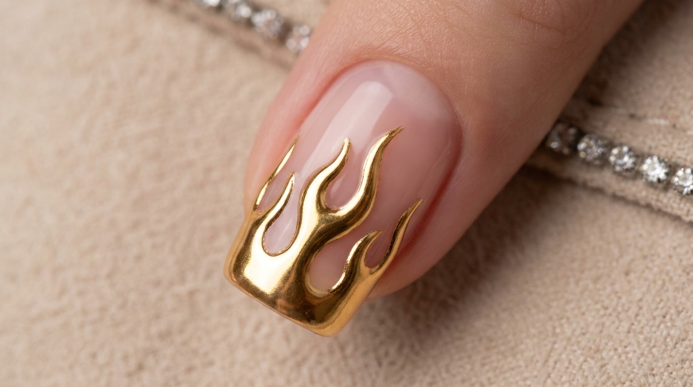Gros plan sur un ongle de forme carrée arborant une base rose translucide avec un design de flamme en or chromé métallique en relief.