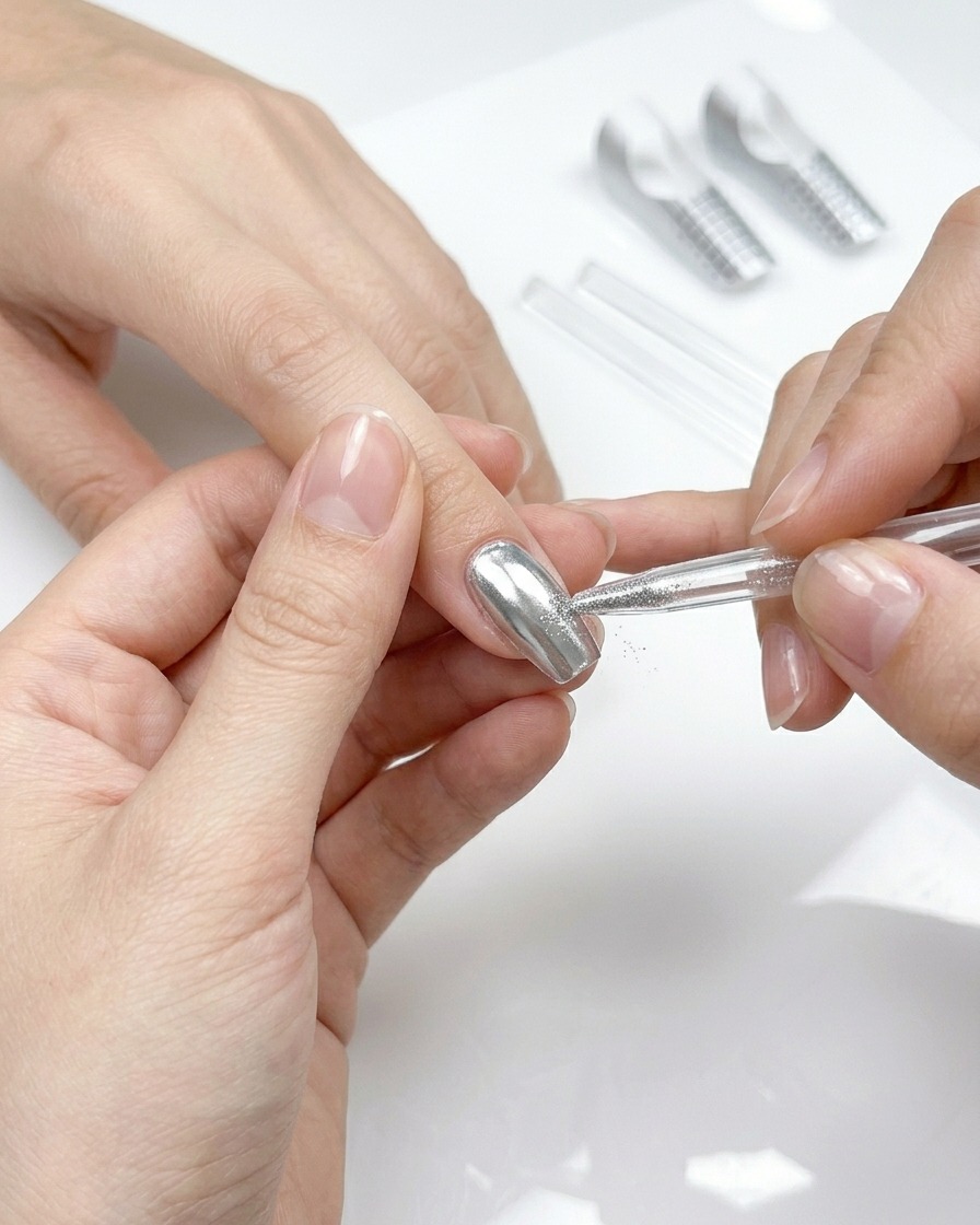 Un pinceau gel appliquant une couche uniforme de top coat transparent sur un ongle chromé argenté.