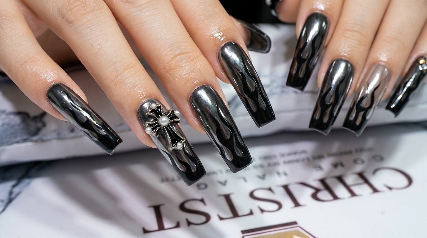Ongles Chrome Noir et Flammes — Tutoriel Manucure Grunge Audacieuse