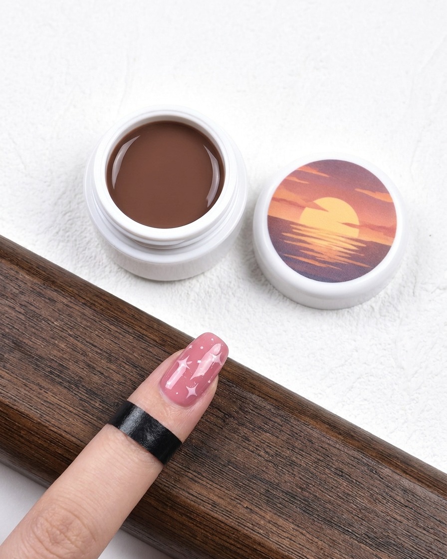 Gros plan sur un ongle décoré recevant une dernière couche de gel de nivellement.