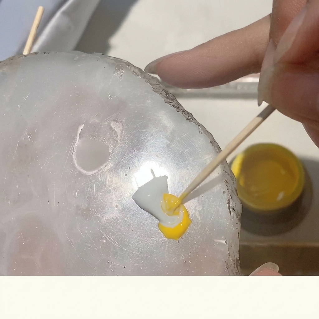 Un bâtonnet en bois mélangeant du vernis gel blanc et jaune sur une palette en verre.