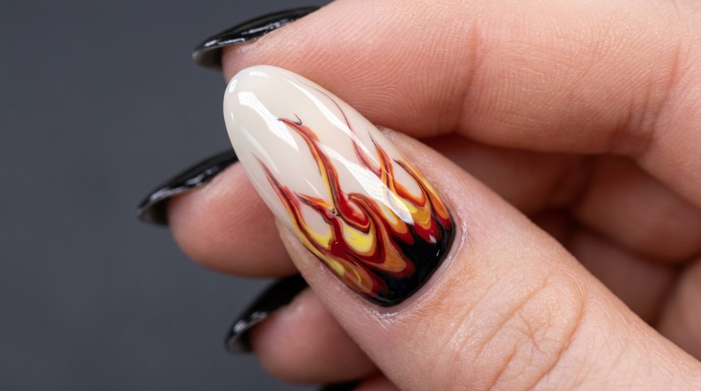 Gros plan sur un ongle en amande présentant un motif de flammes brillant terminé sur une base blanc laiteux translucide avec des flammes en dégradé vibrantes.