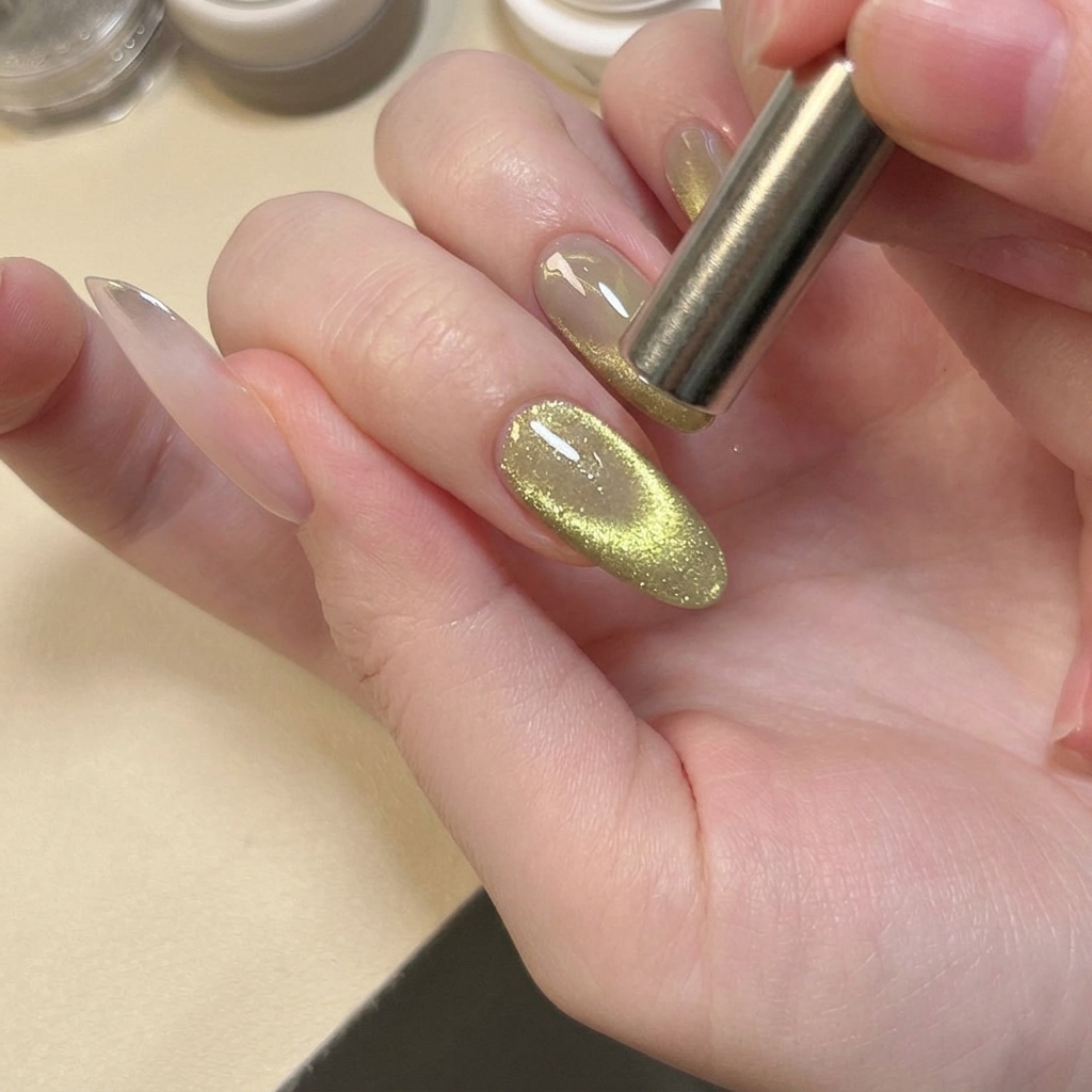 Un aimant cylindrique tenu près du côté gauche dun ongle vernis pour déplacer les pigments magnétiques.
