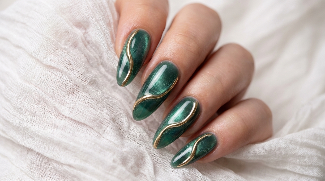 Ongles Cat Eye Vert Lagon aux Détails Chrome Doré 3D — Tutoriel Étape par Étape