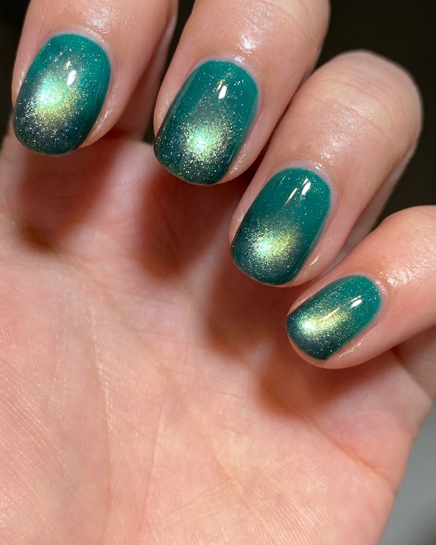 Une main tenant un flacon de vernis gel œil-de-chat vert lac sur un fond uni.