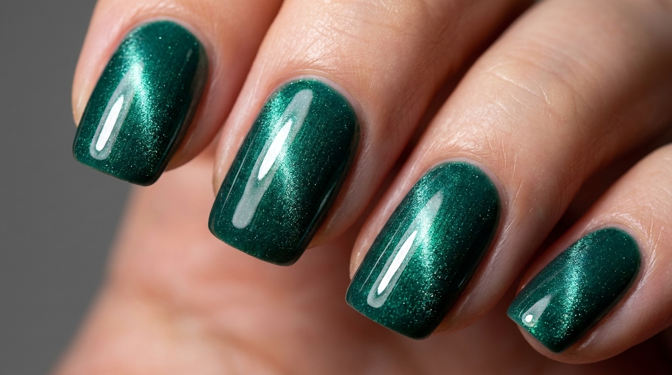 Ongles en gel effet œil-de-chat vert lac – Tutoriel étape par étape