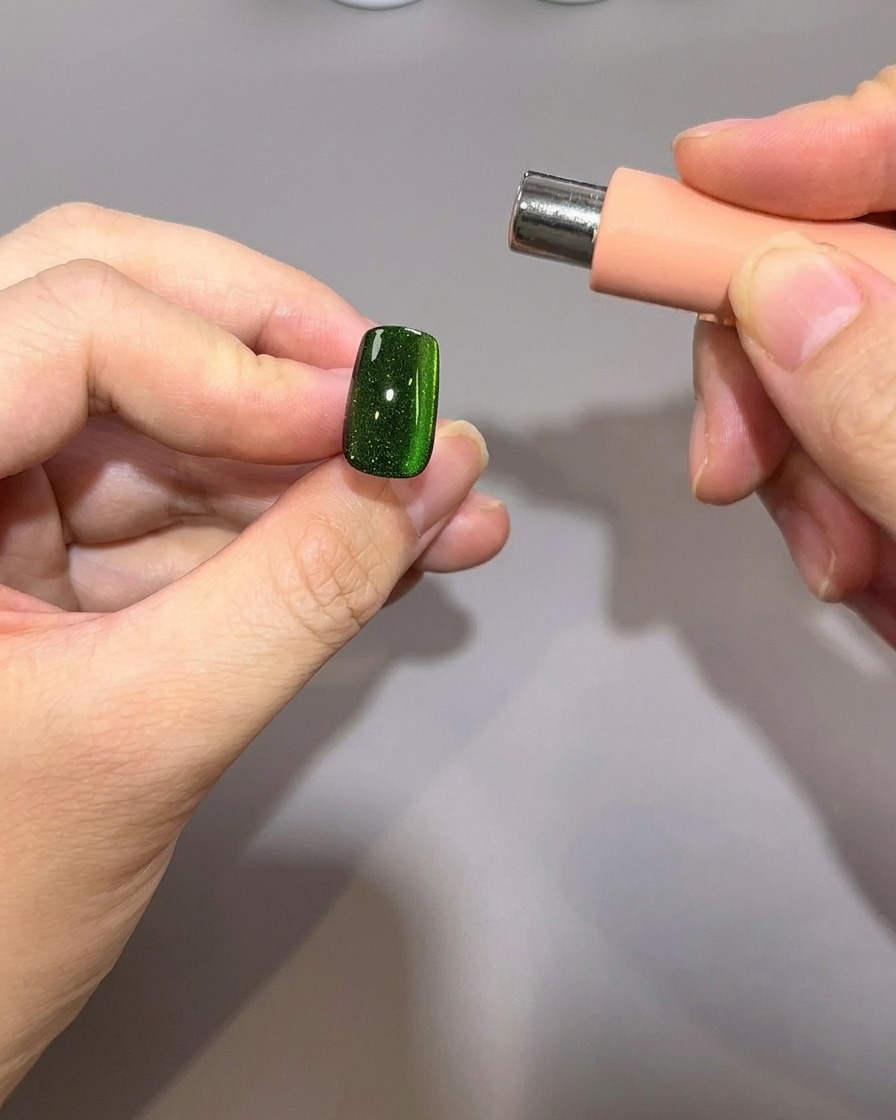 Un aimant cylindrique maintenu parallèlement au bord gauche de longle pour manipuler les particules magnétiques.