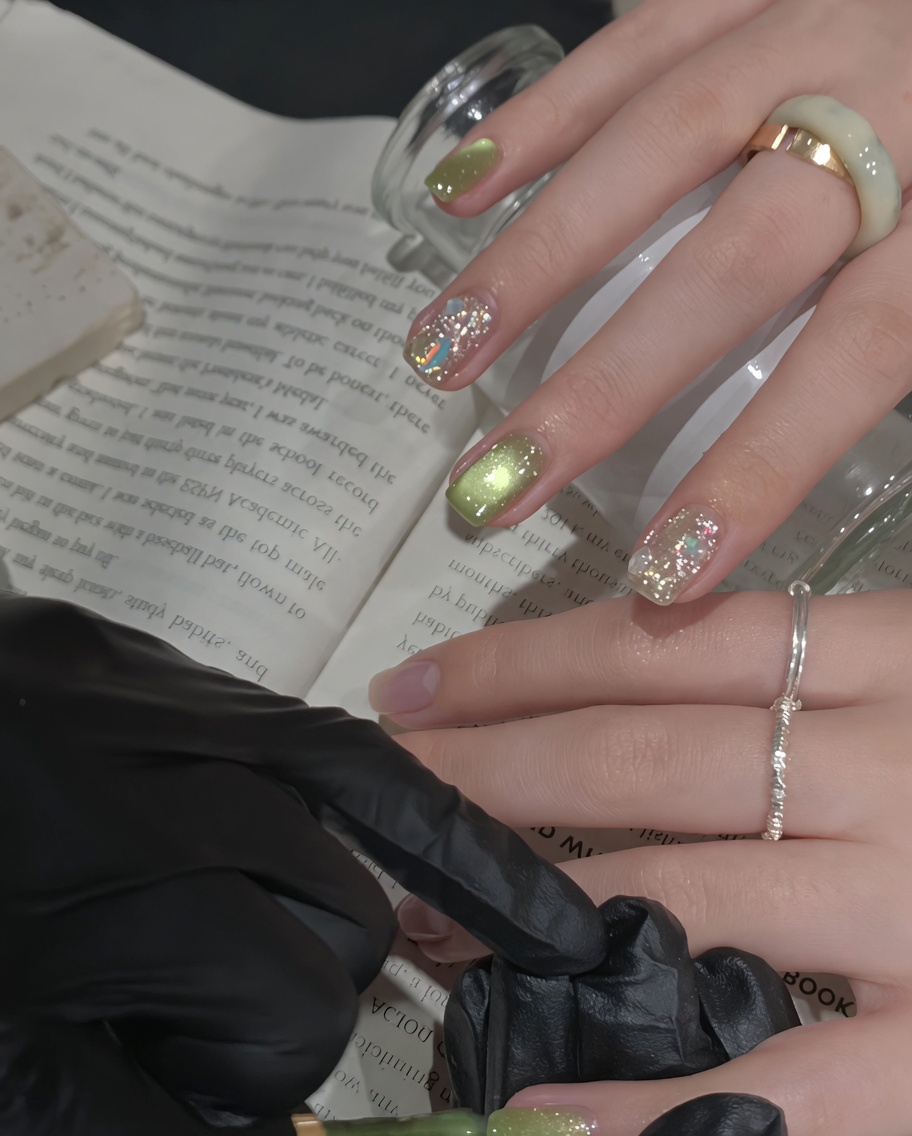 Un pinceau appliquant une deuxième couche de vernis gel œil de chat vert scintillant sur un ongle déjà catalysé.