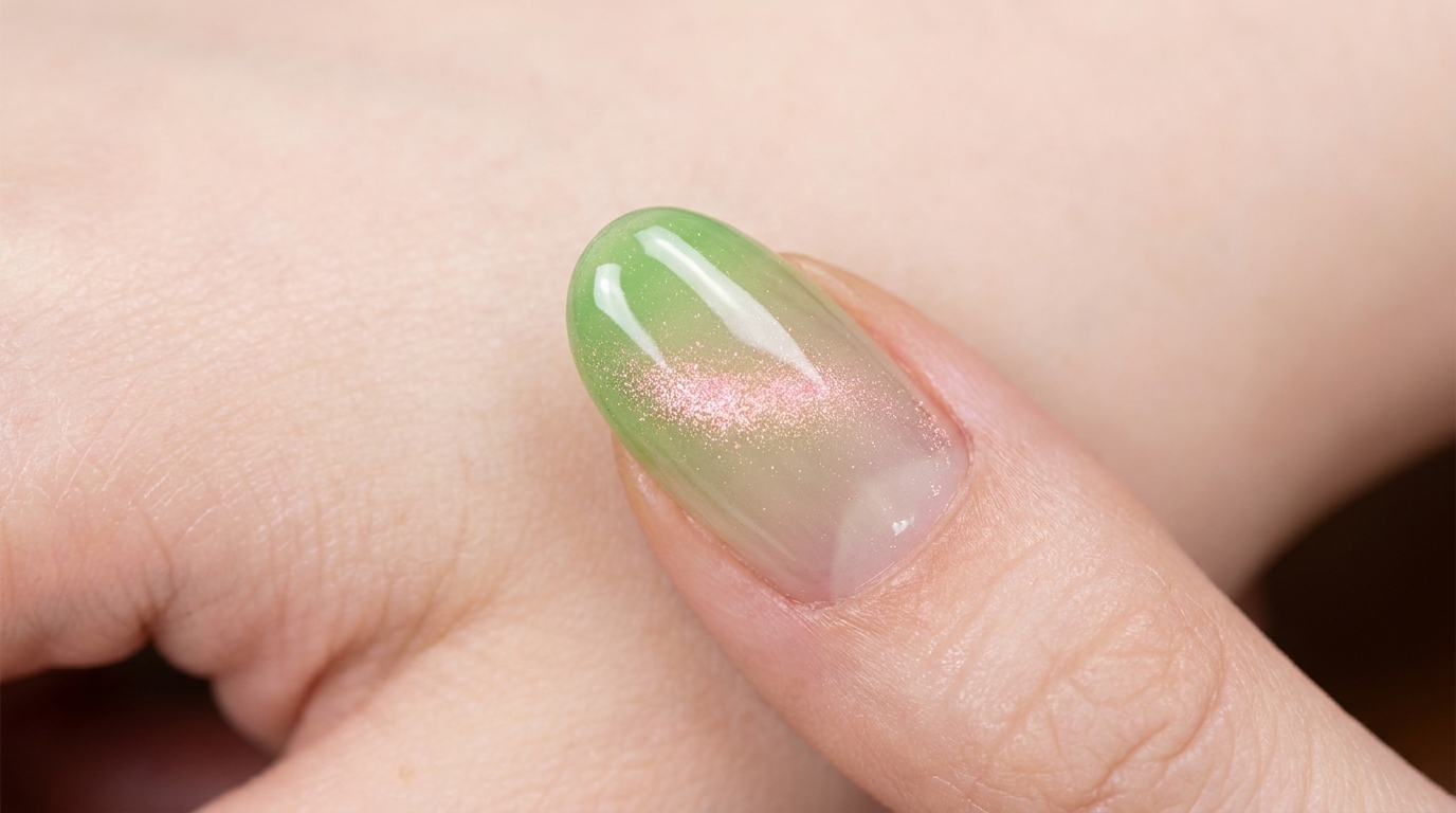 Ongles dégradés vert amande et effet œil-de-chat : Tutoriel étape par étape