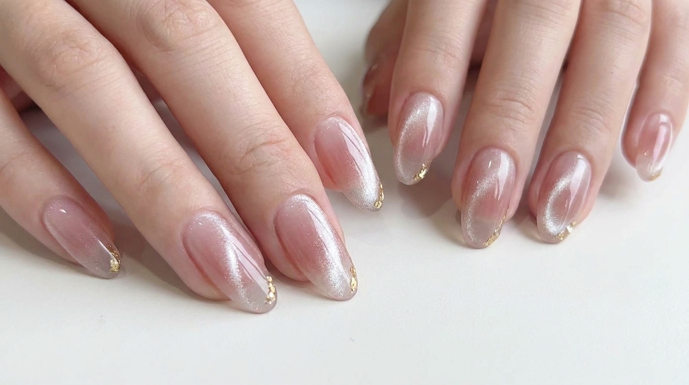 Ongles Blush Cat Eye aux Accents Dorés : Tutoriel Étape par Étape