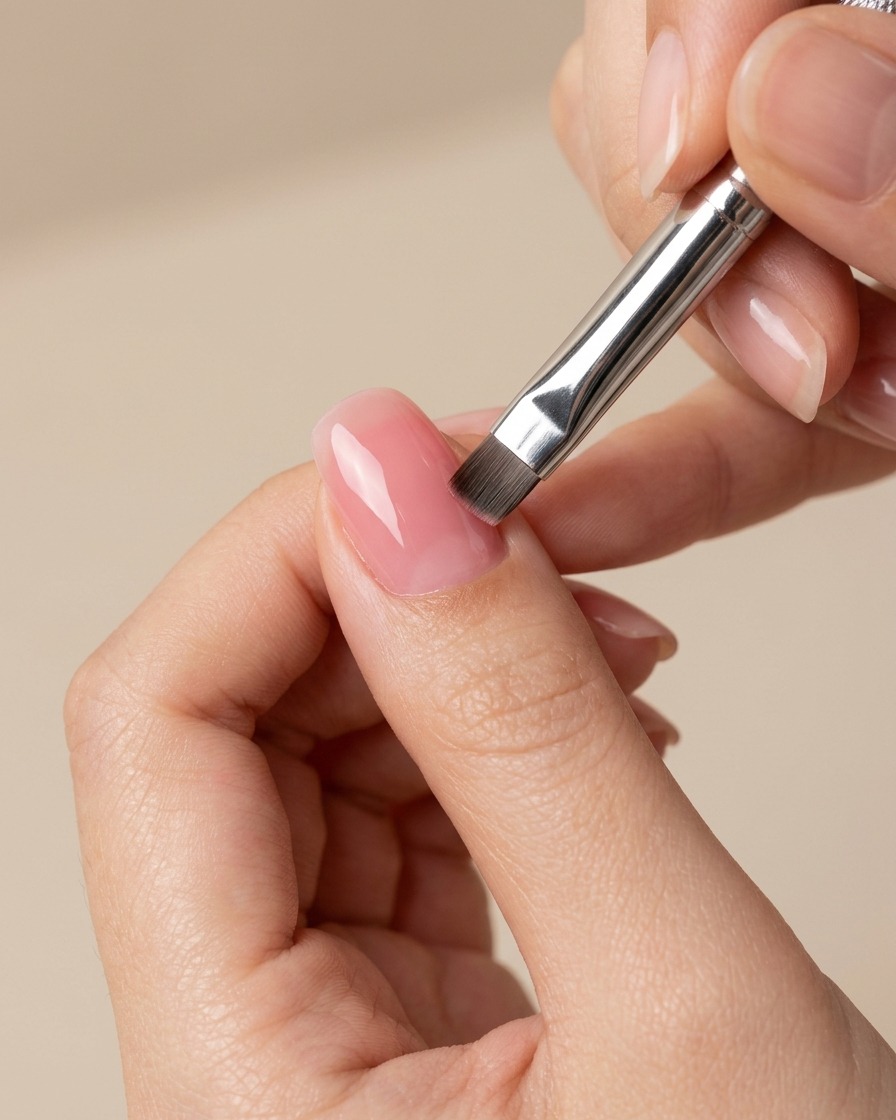 Un pinceau gel appliquant une couche de vernis rose nud transparent sur un ongle ayant un centre blush catalysé.