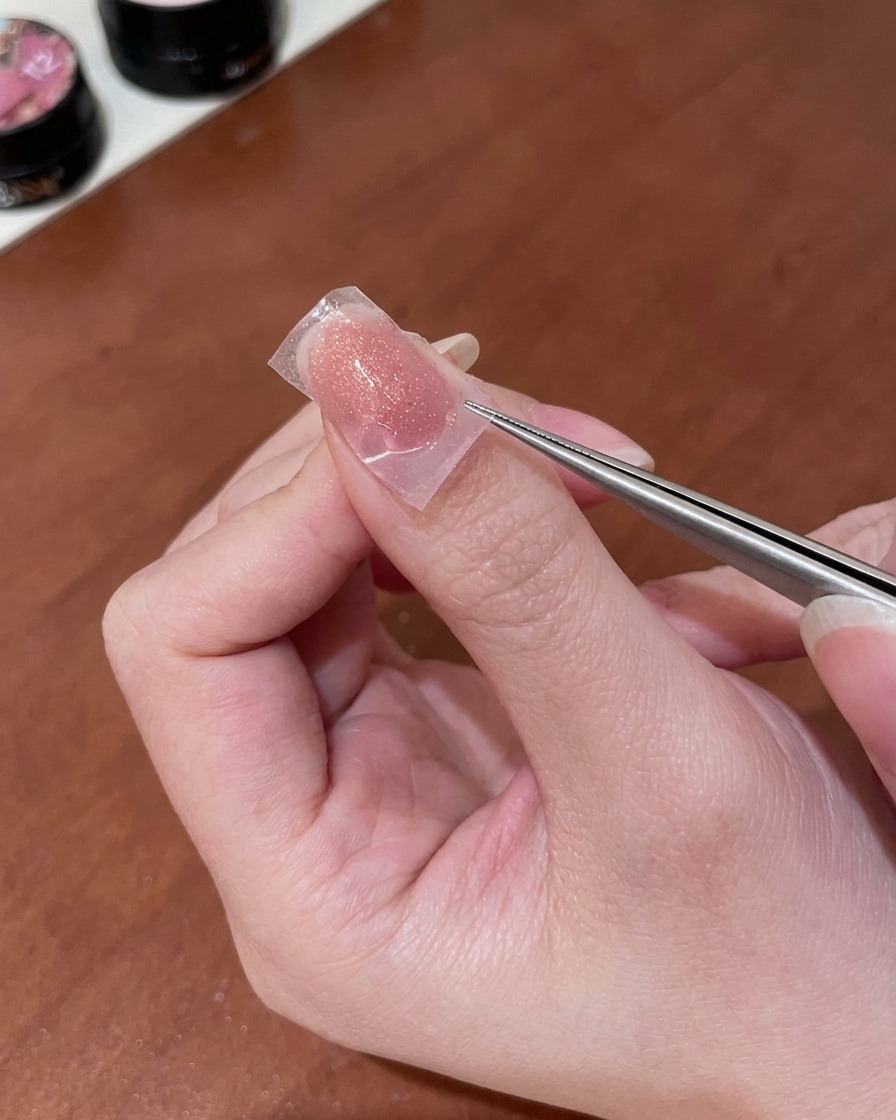 Une personne utilisant une pince métallique fine pour soulever délicatement un autocollant de pochoir translucide dun ongle rose nud, révélant une délicate forme de papillon en or.
