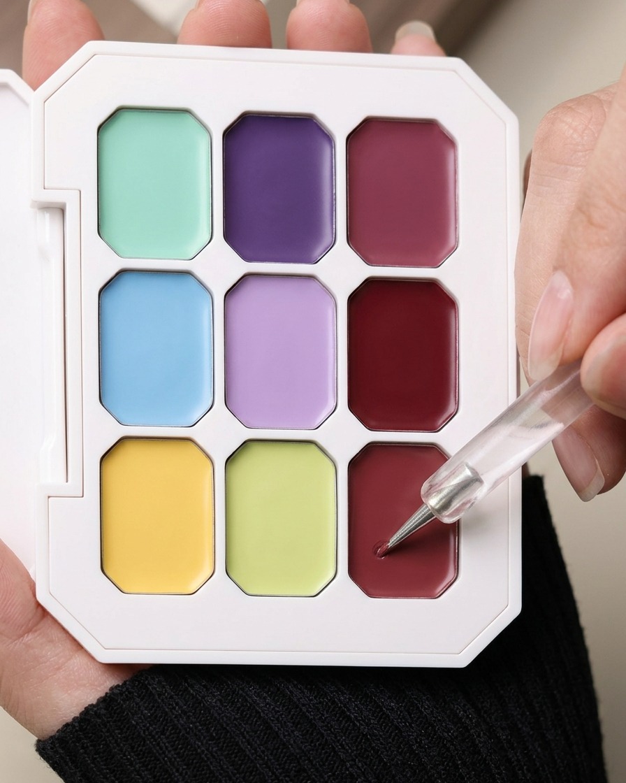 Outil de précision appliquant du gel coloré au centre de longle.