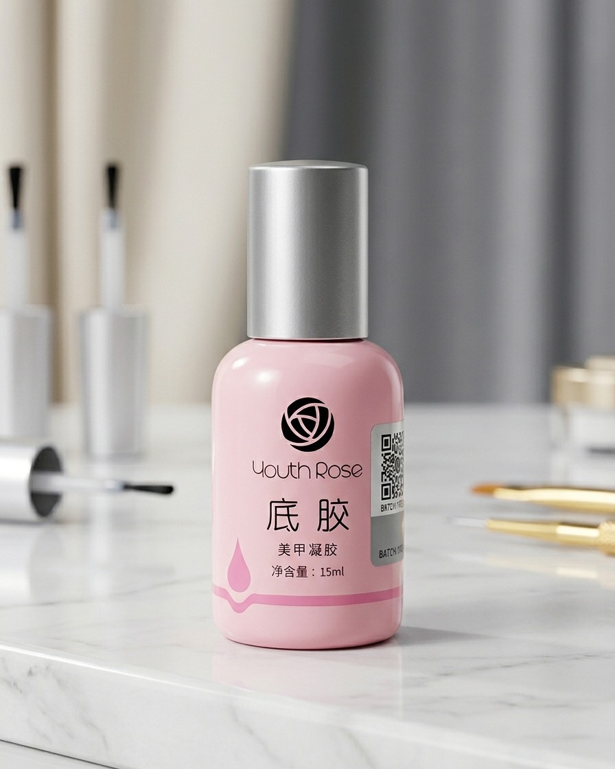 Gros plan dun pinceau à ongles appliquant une petite quantité de gel blush rouge au centre dun ongle pré-peint.