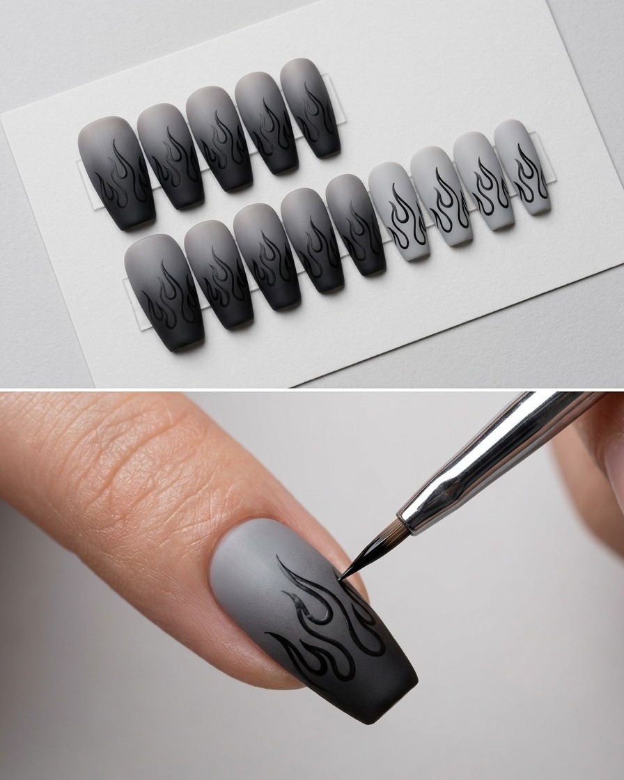 Gros plan dun pinceau fin dessinant soigneusement le contour dun motif de flamme sur un ongle gris mat.