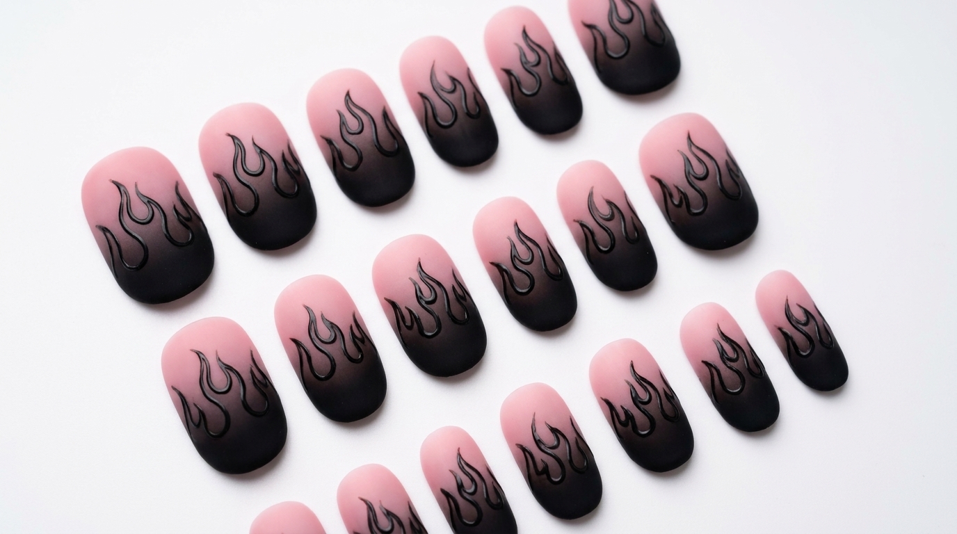 Dégradé Rose et Noir Mat avec Nail Art Flamme 3D Noire