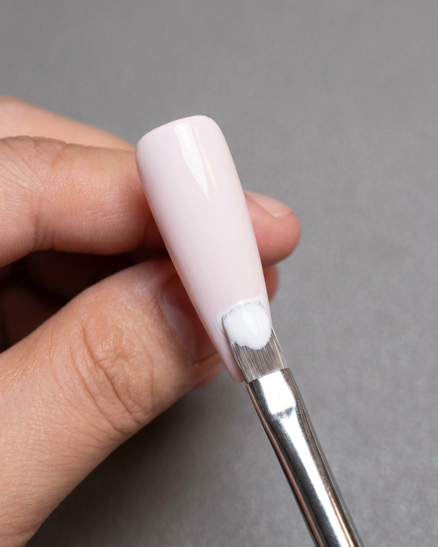Un pinceau appliquant une couche uniforme de vernis gel rose clair sur un ongle.