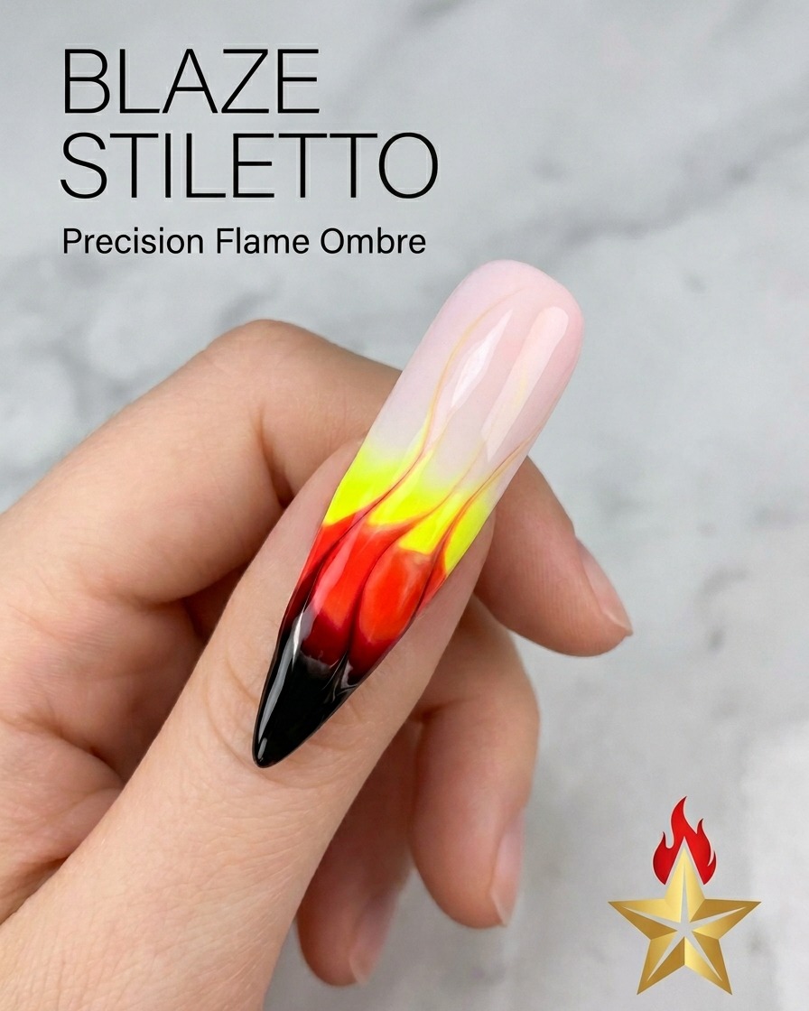 Gros plan dun ongle en forme de stiletto avec un design de flamme fini, montrant un dégradé détaillé du noir à la pointe vers le jaune.